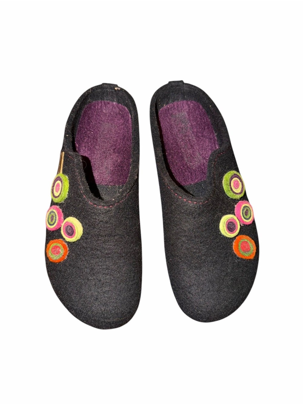 Haflinger Grizzly Kanon Wool Felt Clogs Black Colorful Applique EU 39 Women’s